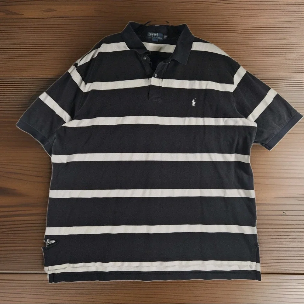 Vintage 90s Y2K Polo Ralph Lauren 3XLT Black White Striped Polo Shirt Pony